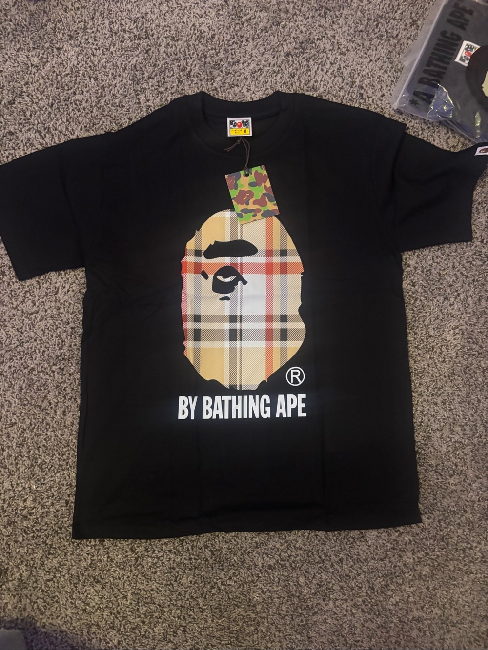 Bape Black T-Shirt with Beige Plaid Ape Head Graphic